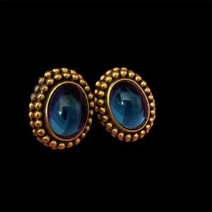 Vintage YSL Earrings Blue Antiqued Goldtone Clip On